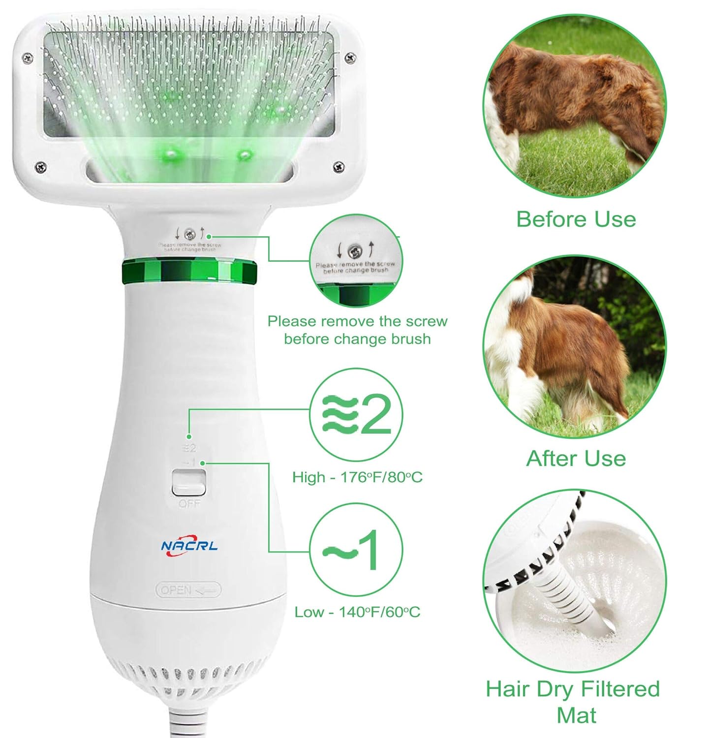 Cepillo Secador 2 en 1 para Mascotas con Temperatura Ajustable